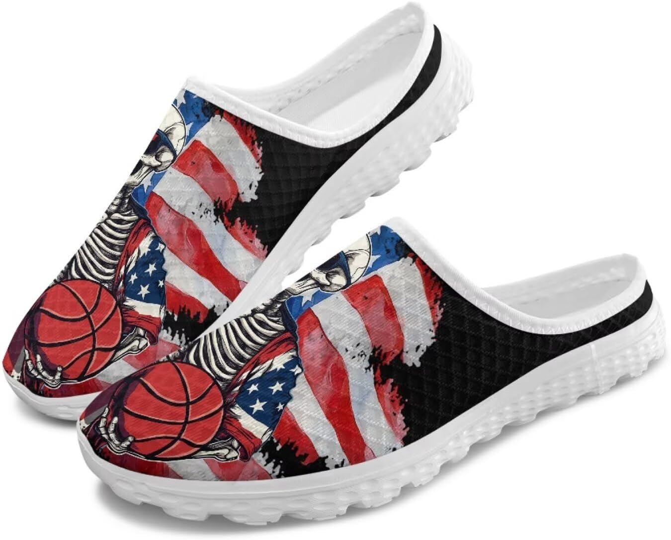 

Мужские сетчатые шлепанцы без задника с принтом - дышащие, легкие, противоскользящие, удобные для ходьбы и офиса Ocwfudsx, Flag Skull Basketball