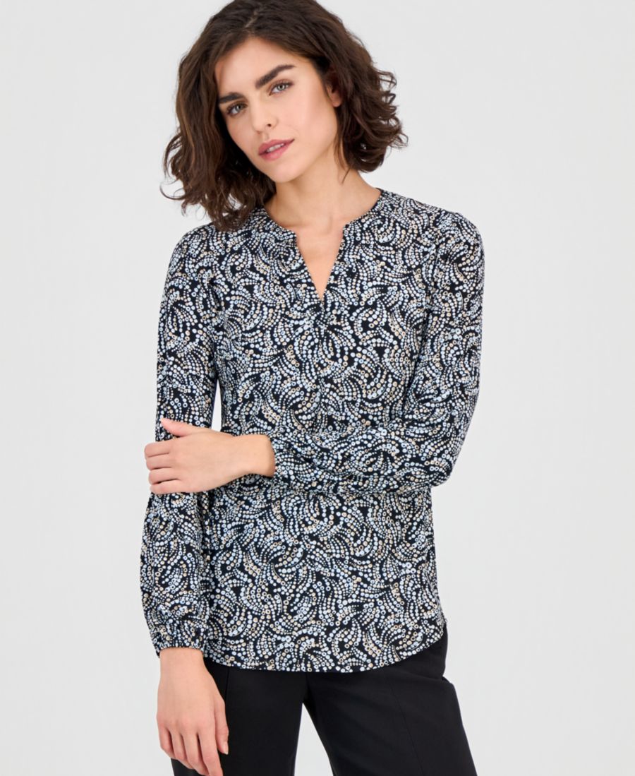 

Женская блузка с принтом, разрезом на воротнике и длинными рукавами AK Anne Klein, Anne Black Multi