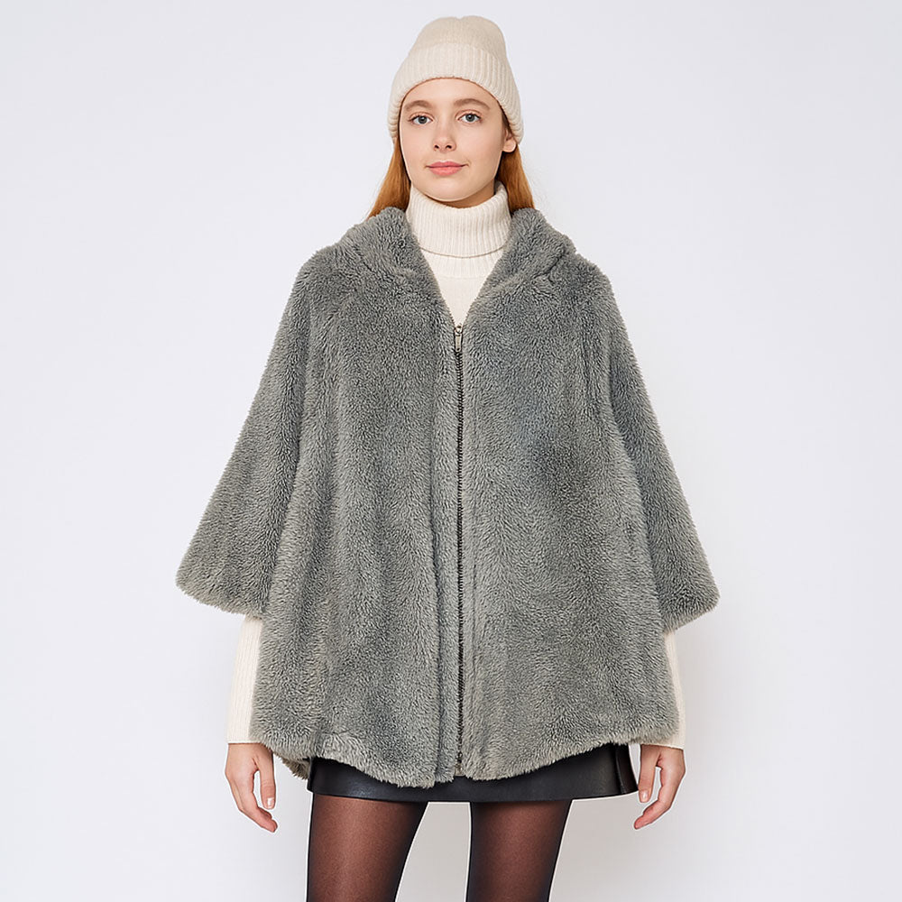 

Искусственный мех с капюшоном на молнии пончо-накидка TRUEDAMES, серый