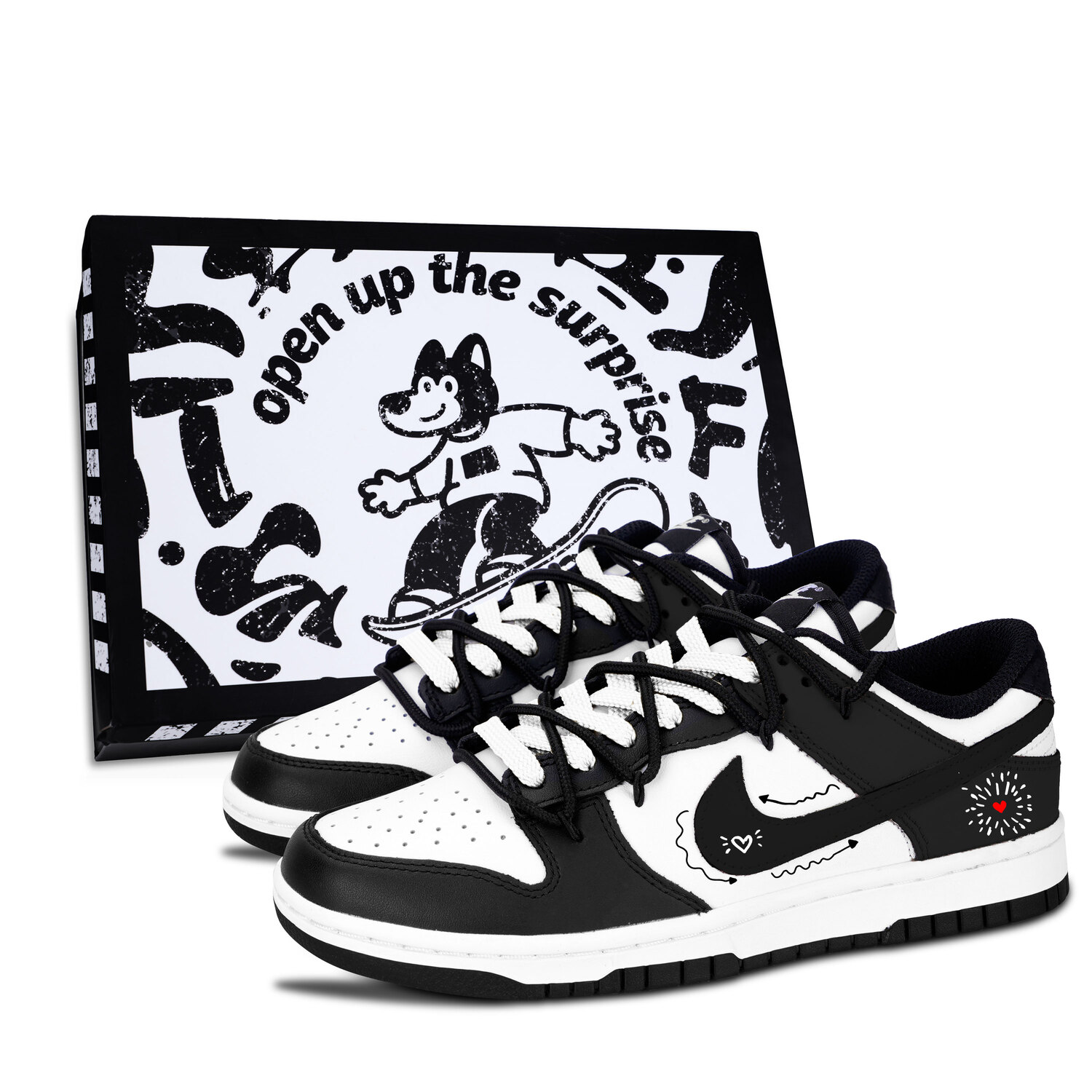 

Nike Dunk Black White, Hearty Fun Line, износостойкие низкие скейтбордные кроссовки унисекс, черный