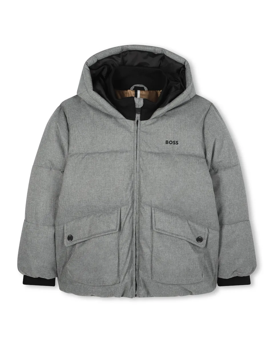

Детский пуховик с капюшоном и молнией BOSS Kidswear, темно-серый