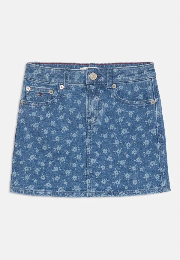 Джинсовая юбка с цветочным принтом и вышивкой флага. Tommy Hilfiger, Light-Blue Denim