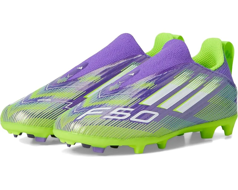 Кроссовки Adidas Kids F50 League Laceless Firm Ground Cleats (Little Kid/Big Kid), Purple Rush/White/Lucid Lemon