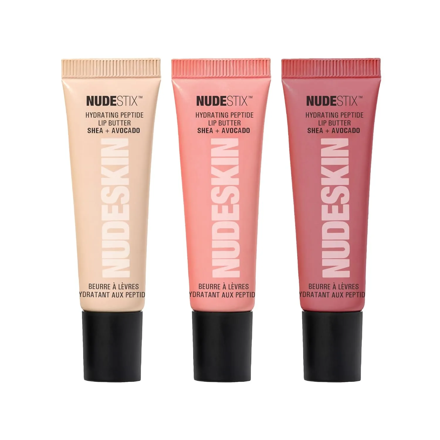 Набор Nudestix Hydrating Peptide Lip Butter Tint - 3 блестящих бальзама для губ с авокадо, маслом ши и пептидами, увлажняющие nude-оттенки, Dolce Nude, Candy Kiss, Sugar Plum