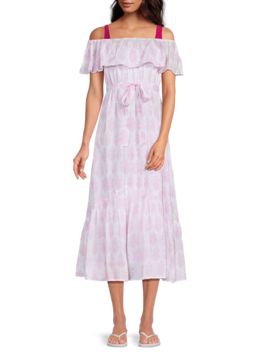 

Платье миди Benotie с открытыми плечами и поясом Mer St. Barth, цвет Pink Paisley