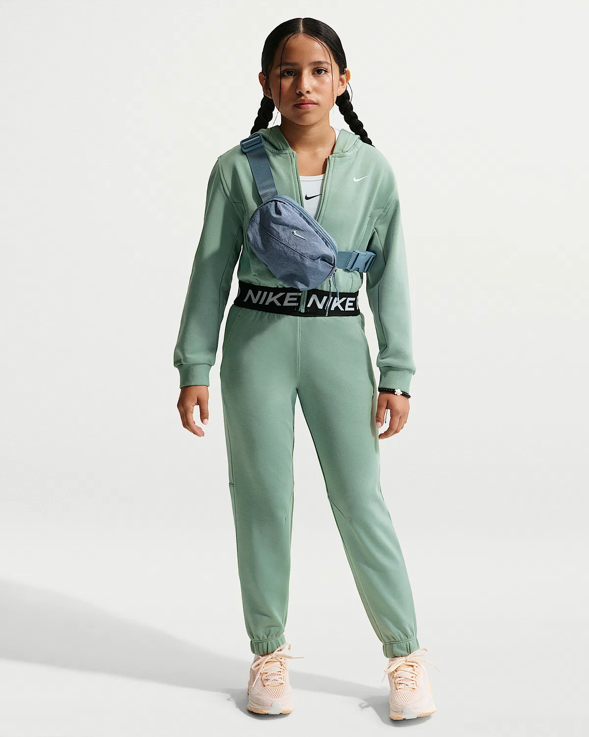 Детская (девичья) флисовая кофта Nike Pro Fleece Dri-FIT на молнии, Steam/Steam/Black/White — фото 4