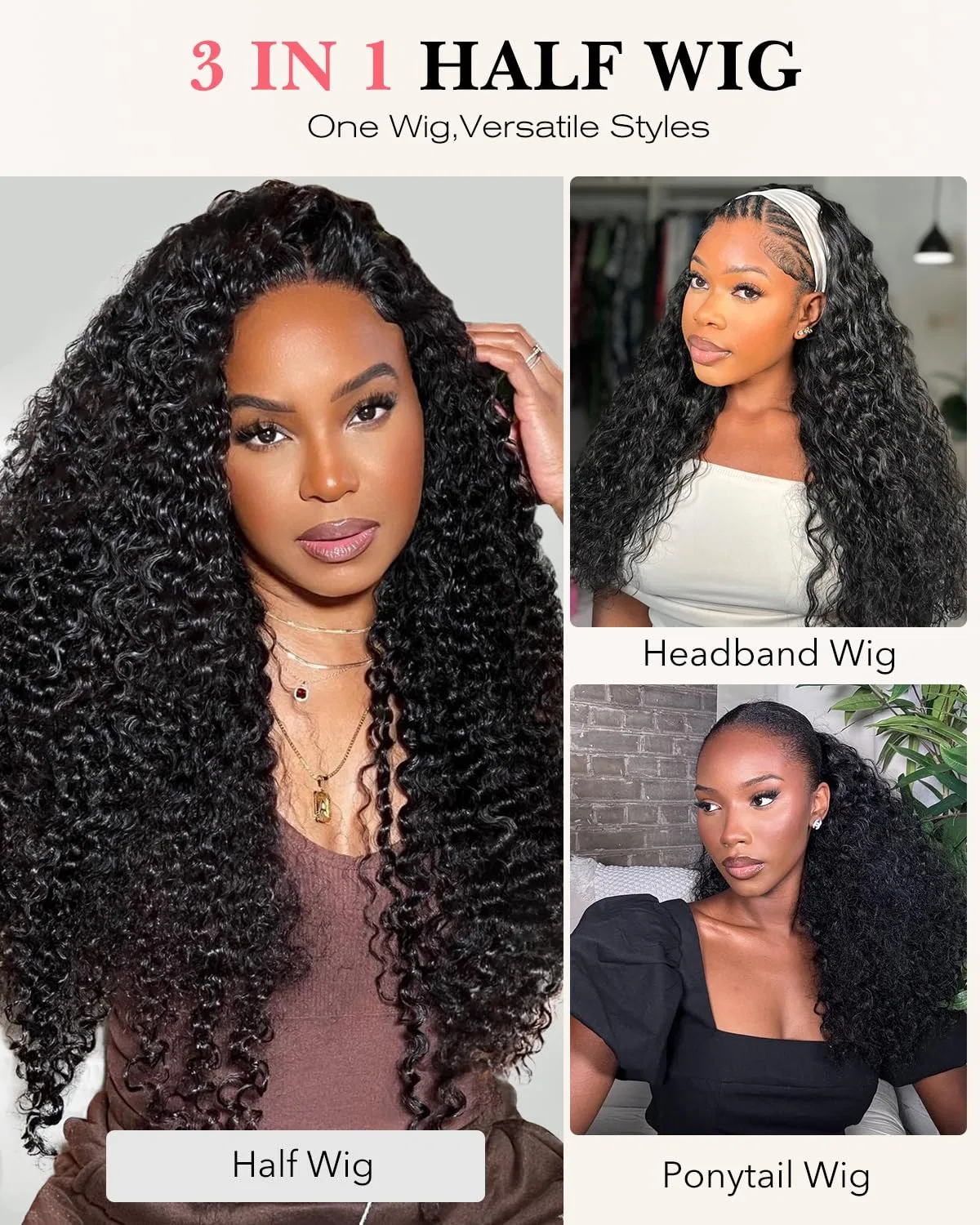 Женский кудрявый парик-полупарик Tunfine с эффектом водной волны Tunfine, Non-Lace Half Wig Black Colour — фото 2