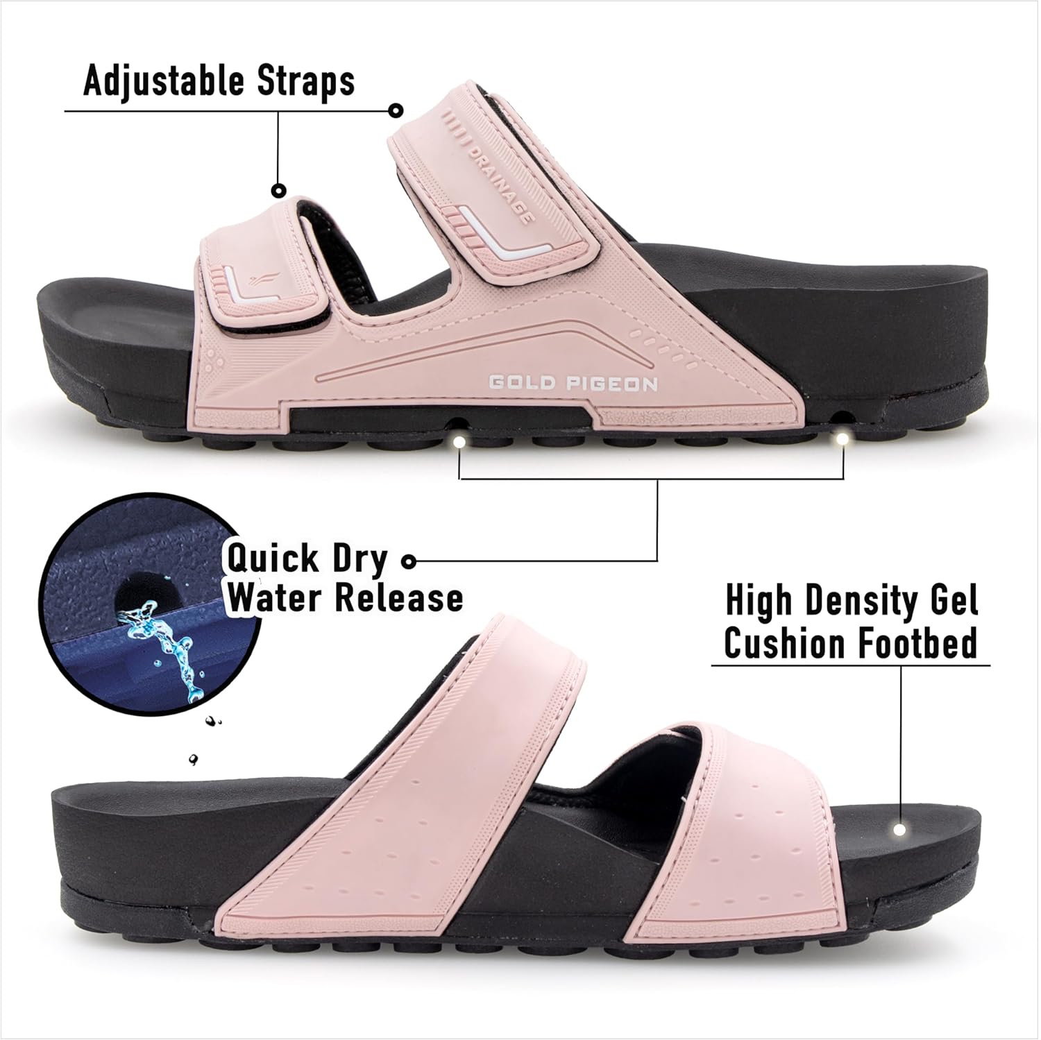 Сандалии Gold Pigeon Shoes PIRO унисекс с ортопедической стелькой Orthoheel, высокоплотным гелем и подошвой с водоотведением, розовый — фото 2