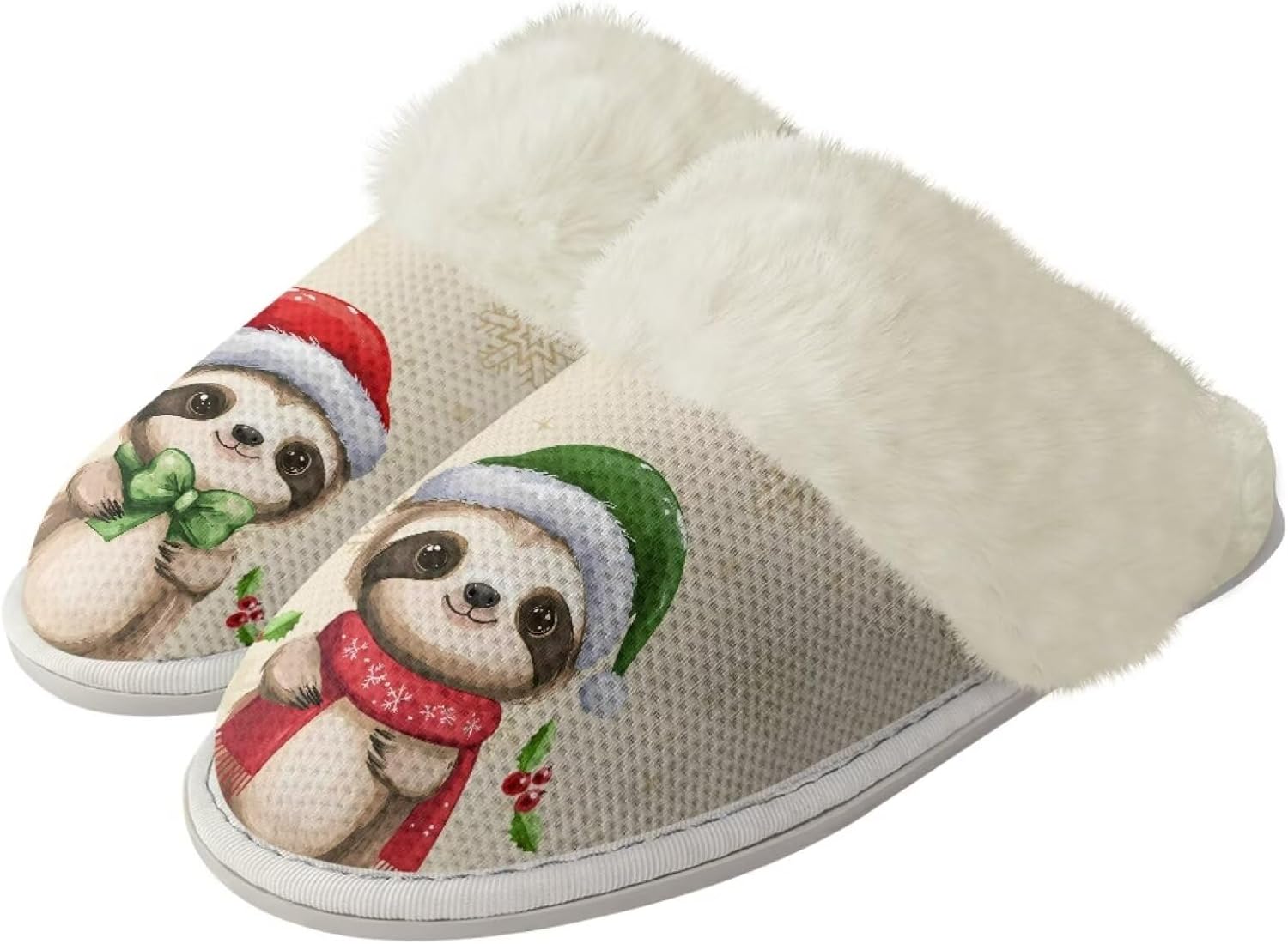 

Женские и мужские теплые тапочки мягкие плюшевые домашние тапочки с противоскользящей подошвой, пушистым воротником, для спальни, для дома и улицы Jiquruby, Christmas Raccoon