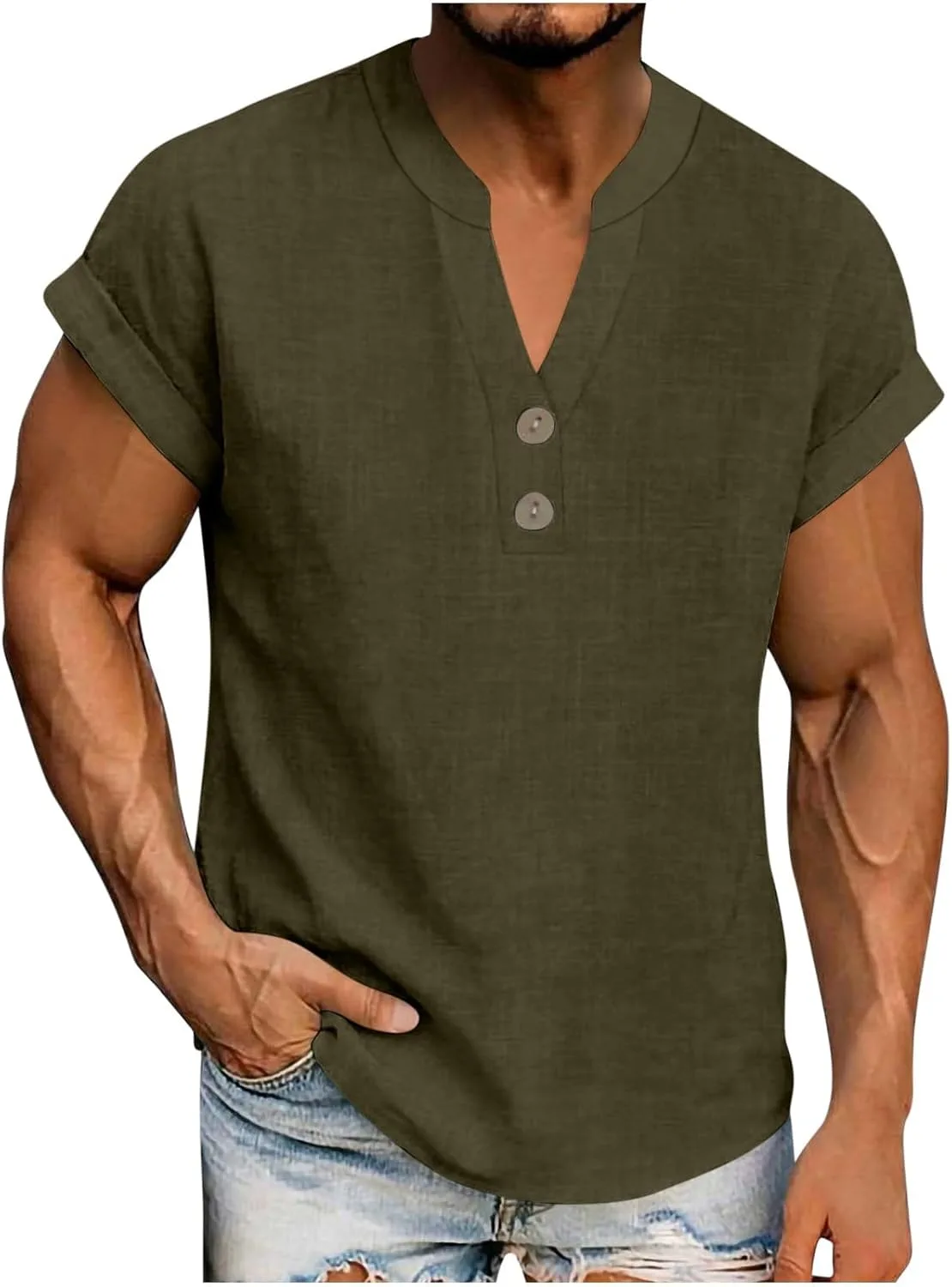 

Мужская летняя туника Casual Henley с V-образным вырезом и коротким рукавом Xiaojmake
