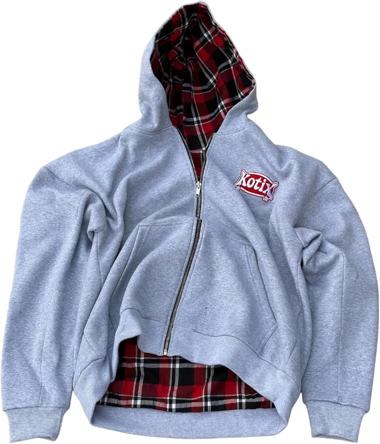 

Vhitler Reversible Oversized Emo Hoodie Y2k Grunge Plaid Zip Up
