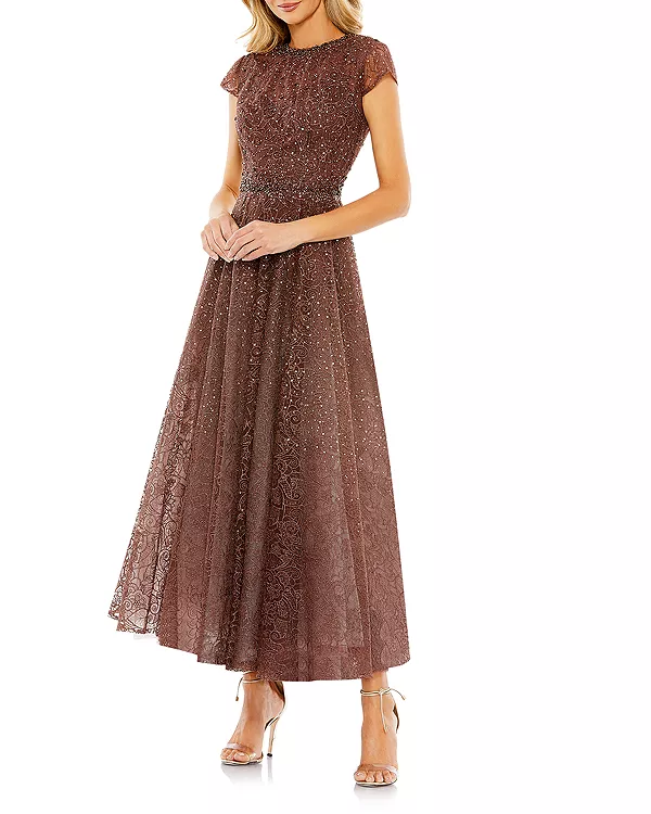 

Платье А-силуэта с декорированными короткими рукавами Mac Duggal, коричневый