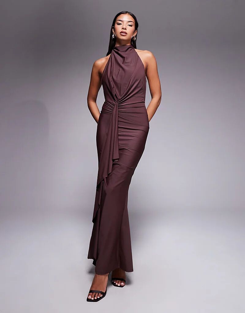 

Платье макси из джерси ASOS DESIGN с высоким воротом, драпировкой и оборками коричневого цвета