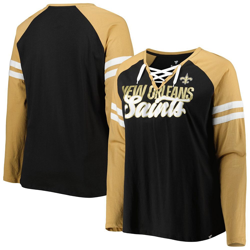 

Женская футболка Fanatics с логотипом черного цвета/золотого цвета Vegas New Orleans Saints размера плюс, правильная форма, на шнуровке, с v-образным вырезом, реглан, с длинными рукавами, цвет Snt Black