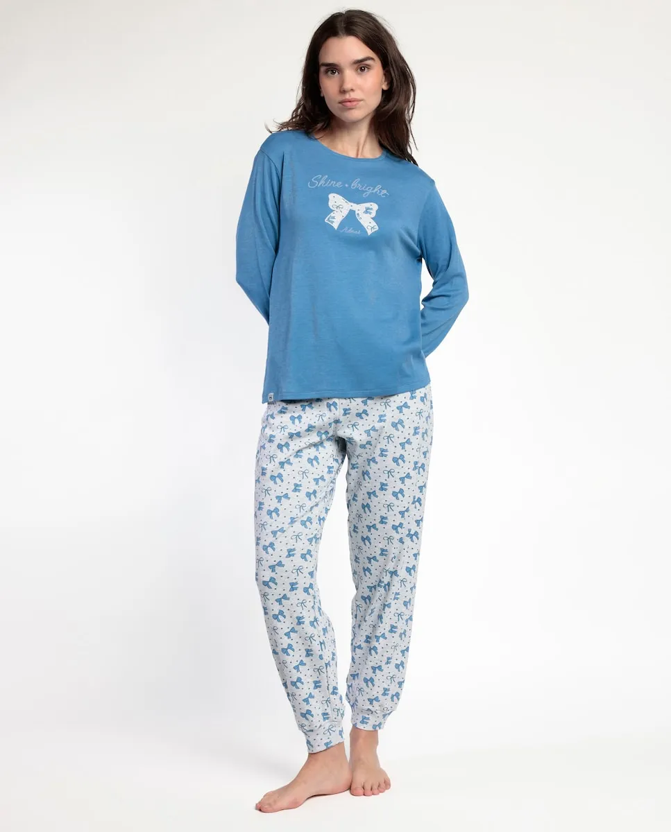 

Длинная женская пижама из хлопкового трикотажа синего цвета Admas