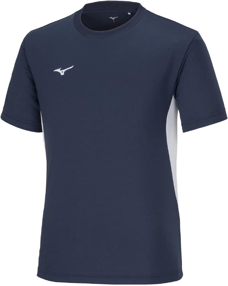 

Мужская тренировочная футболка MIZUNO NaviDry с коротким рукавом, U-образным вырезом, влагоотводящая, быстросохнущая, размер 32MAA190, темно-синий/белый