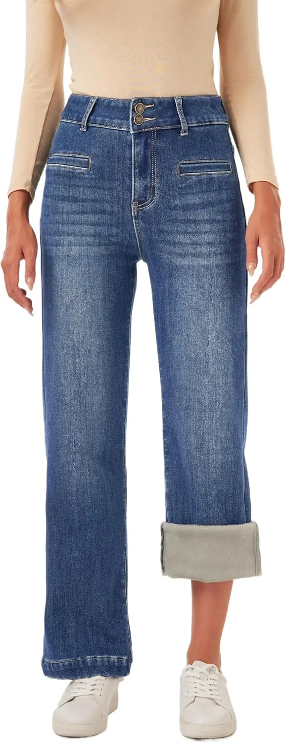 

Heipeiwa женские джинсы с флисовой подкладкой, широкие прямые, утепленные