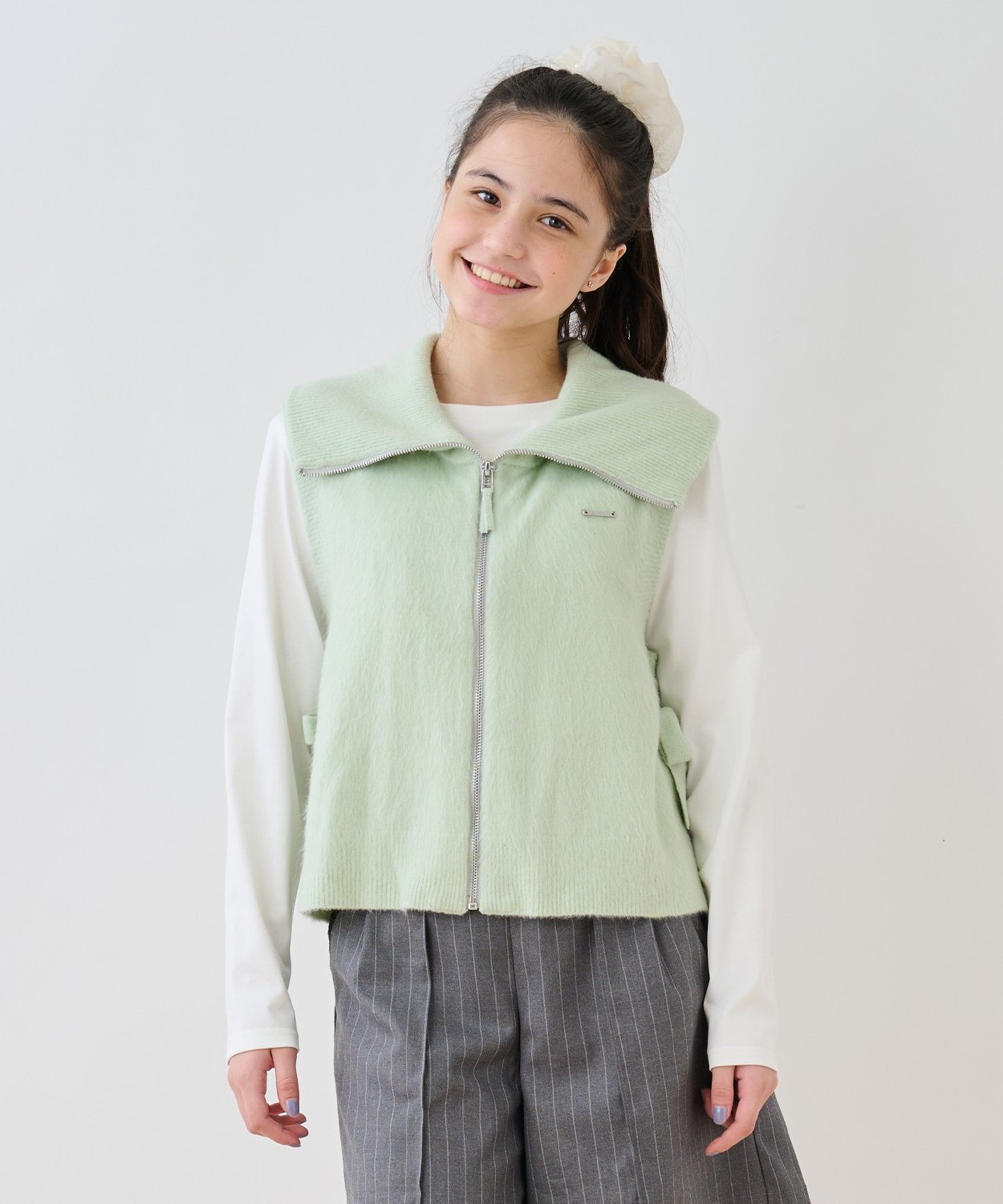 Комплект из вязаного жилета на молнии и длинной футболки Pom ponette junior, Emerald Green