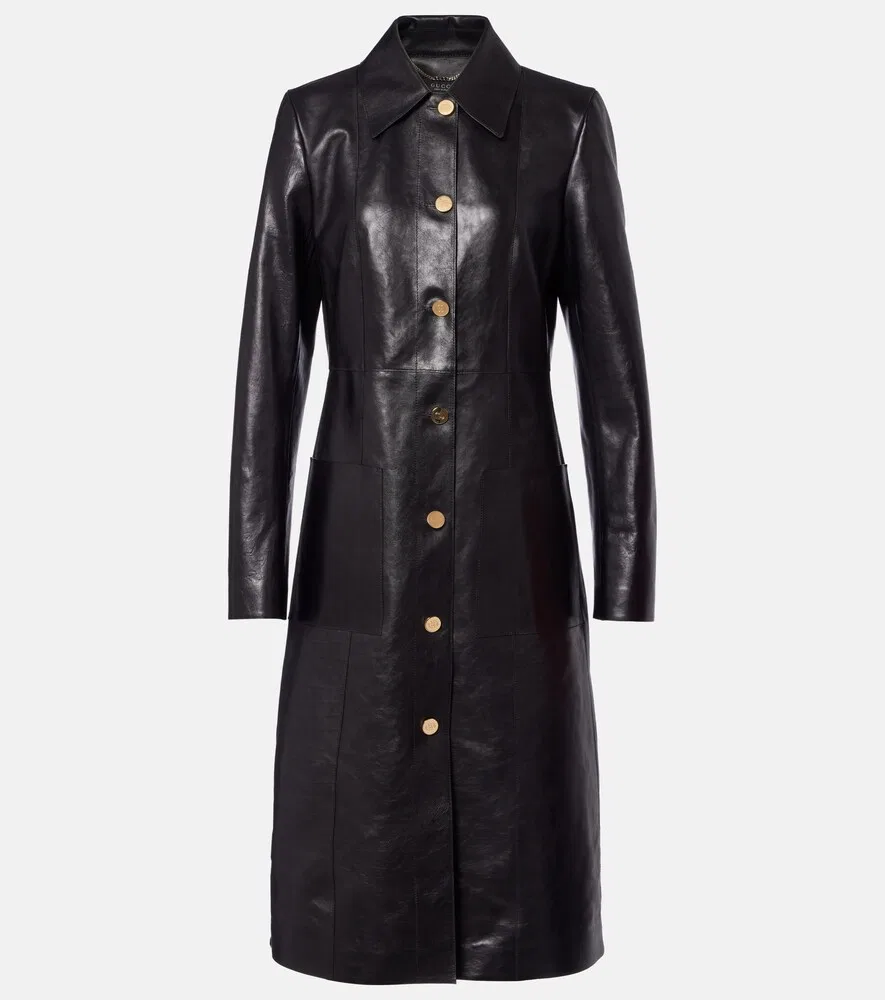 Пальто Gucci Кожаное с монограммой G, итальянское производство, черный