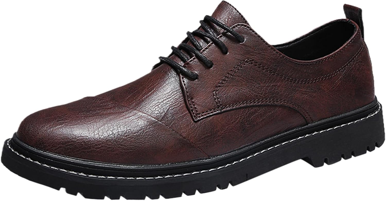 

Мужские кожаные повседневные оксфорды с перфорированным носком, винтажный круглый носок, удобная рифленая подошва, классическая шнуровка, деловые формальные туфли-дерби для свадьбы, вечеринки, офиса, работы и повседневной носки Bangteuo, коричне...