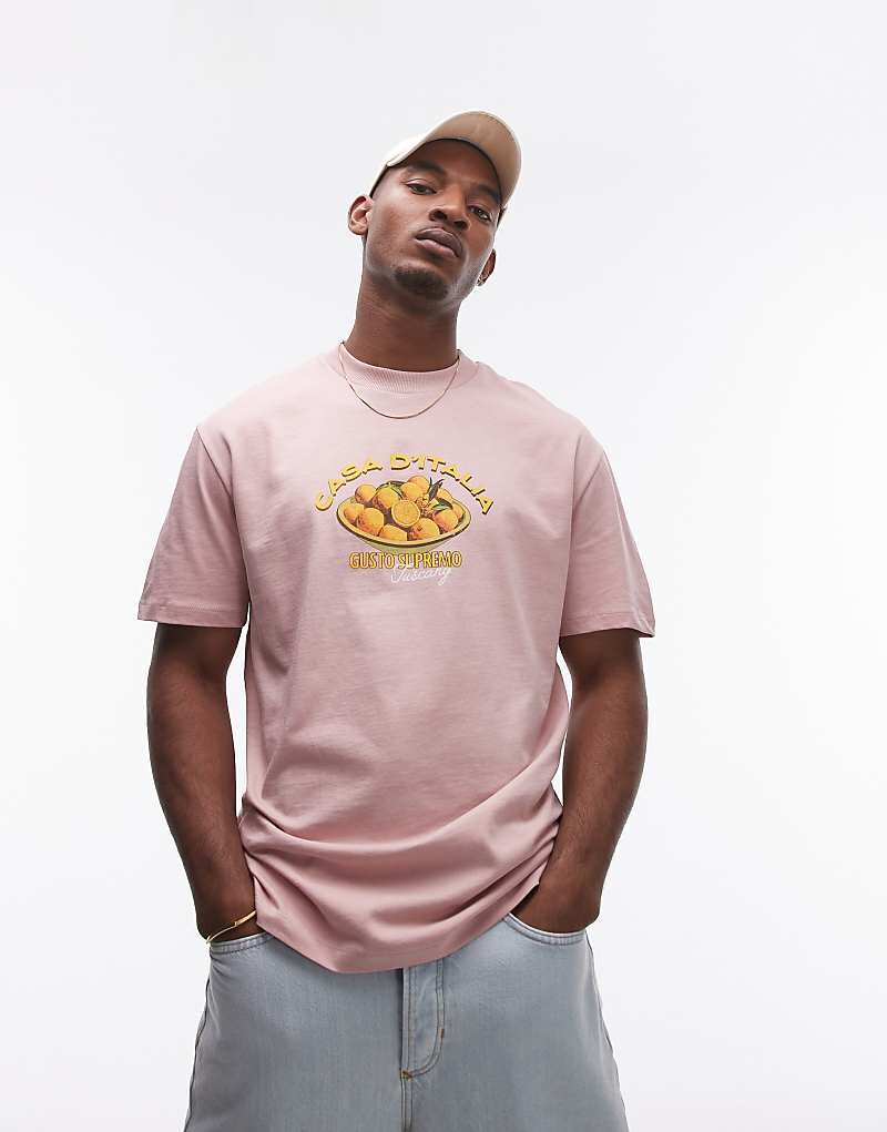 

Topman – розовая стираная футболка оверсайз с фруктовым принтом