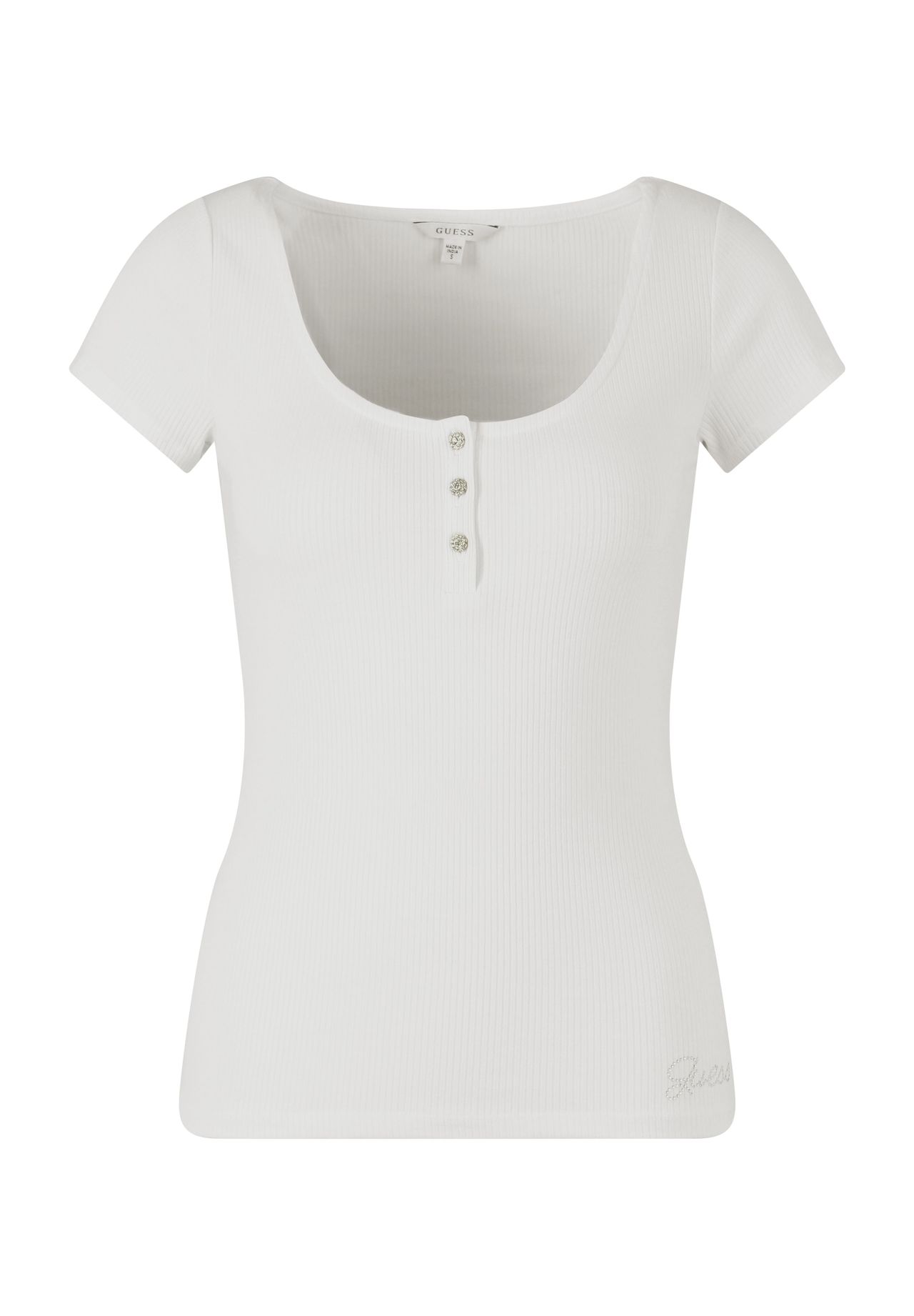 

Женская футболка Henley в рубчик со стразами GUESS, цвет Pure White