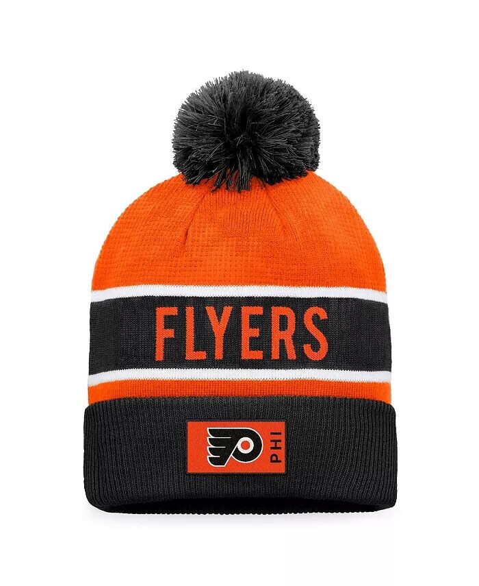 

Мужская черная, оранжевая Philadelphia Flyers Authentic Pro Rink вязаная шапка с манжетами и помпоном Fanatics