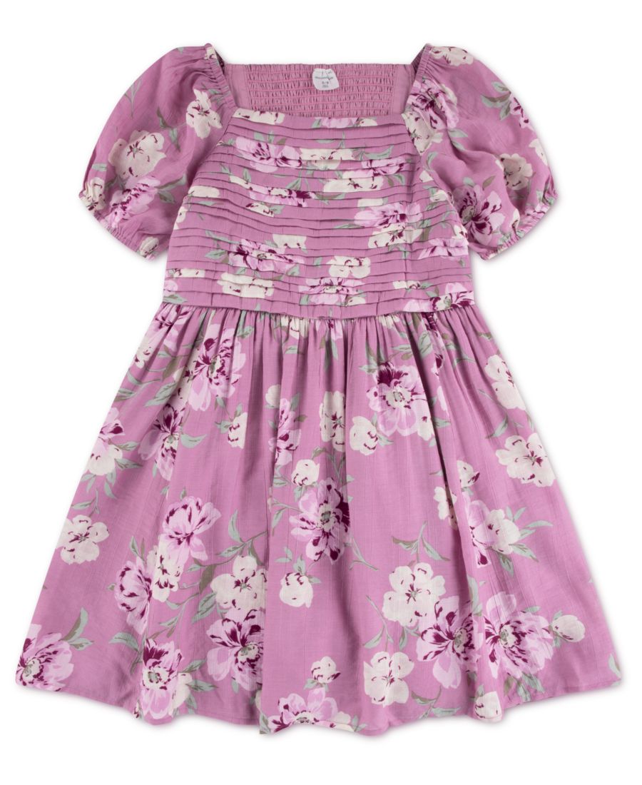 

Мини-платье для девочек из жатой ткани с цветочным принтом abercrombie kids, Mauve Orchid