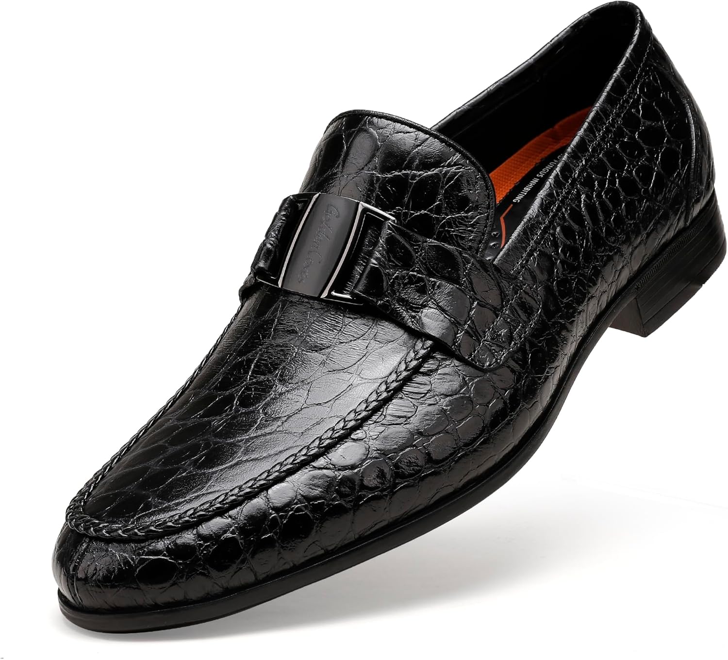 

Мужские кожаные лоферы с монеткой, классические деловые туфли с тиснением под крокодила, с металлической пряжкой, без застежки, с монеткой для мужчин Generic, черный