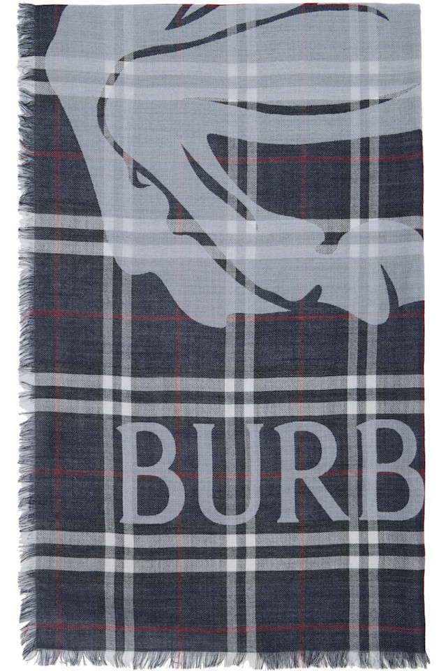 

Burberry Широкий шерстяной шелковый шарф темно-синего цвета в клетку ekd