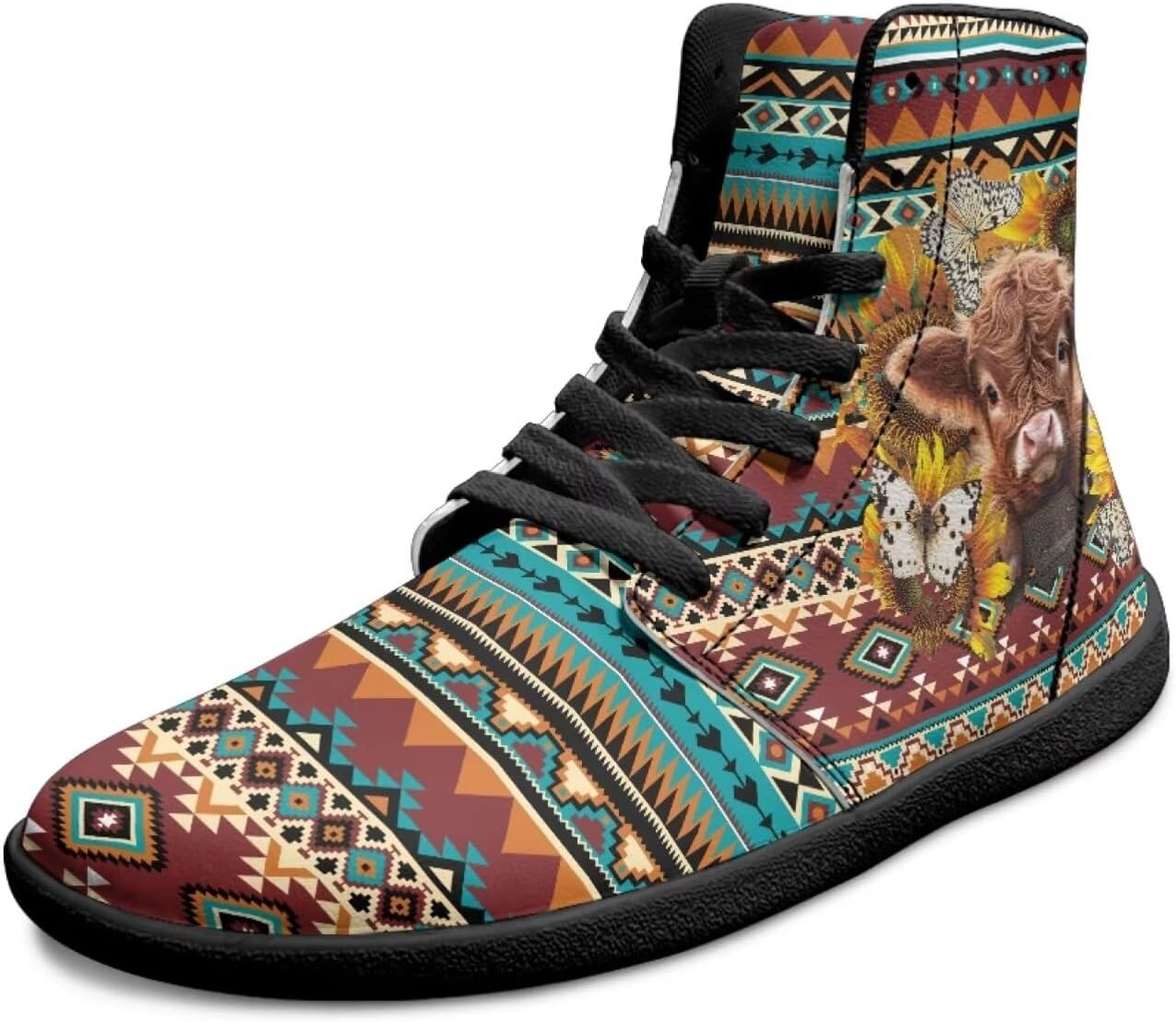 

Мужские туфли с высоким верхом, широким носком, шнуровкой, противоскользящие кроссовки с нулевым уклоном для ходьбы и бега Xixirimido, Aztec Highland Cow Butterfly