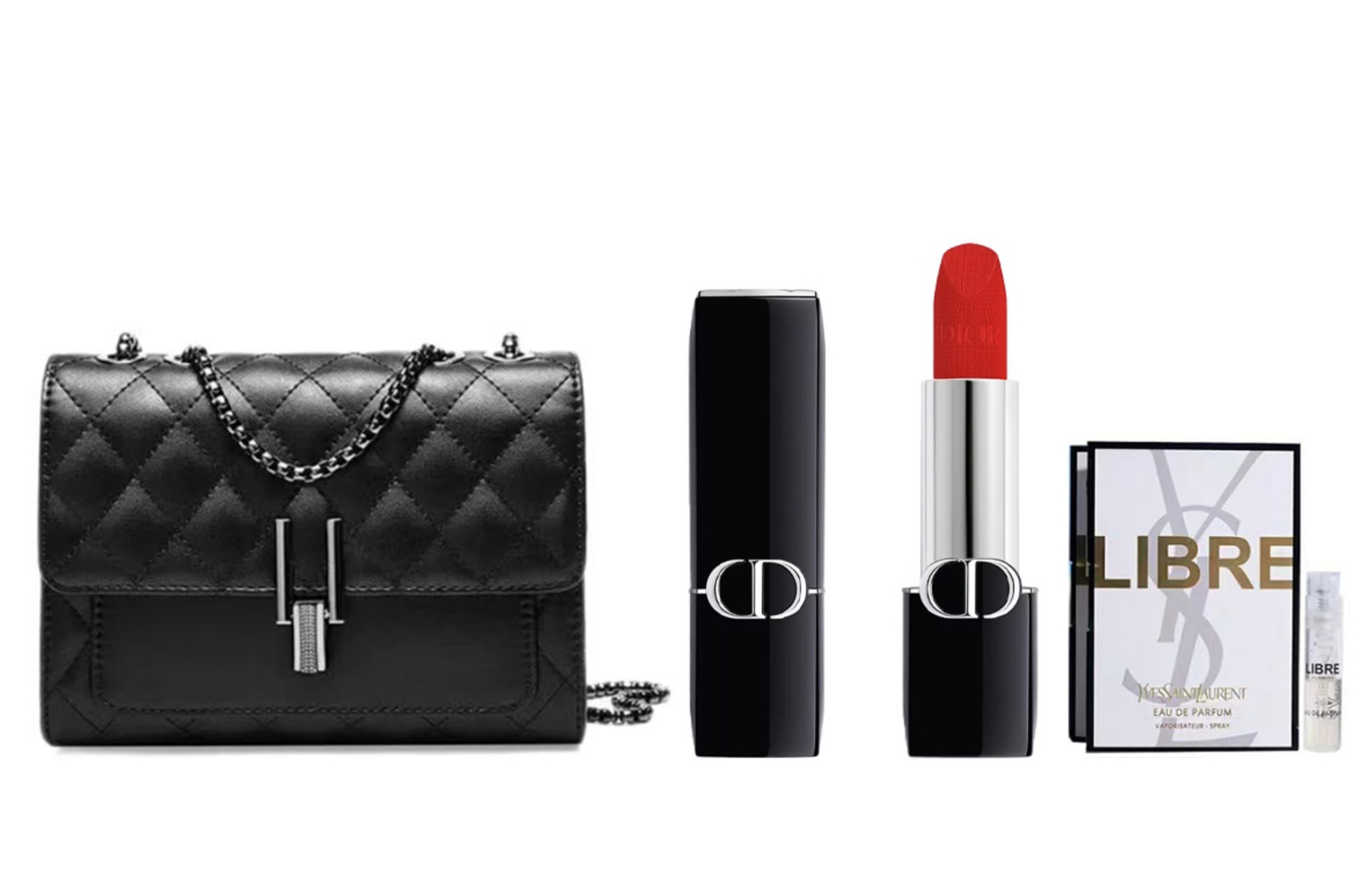 Губная помада Dior Rouge Dior Velvet #999 + мини-сумка + пробник аромата YSL Libre, 1,2 мл