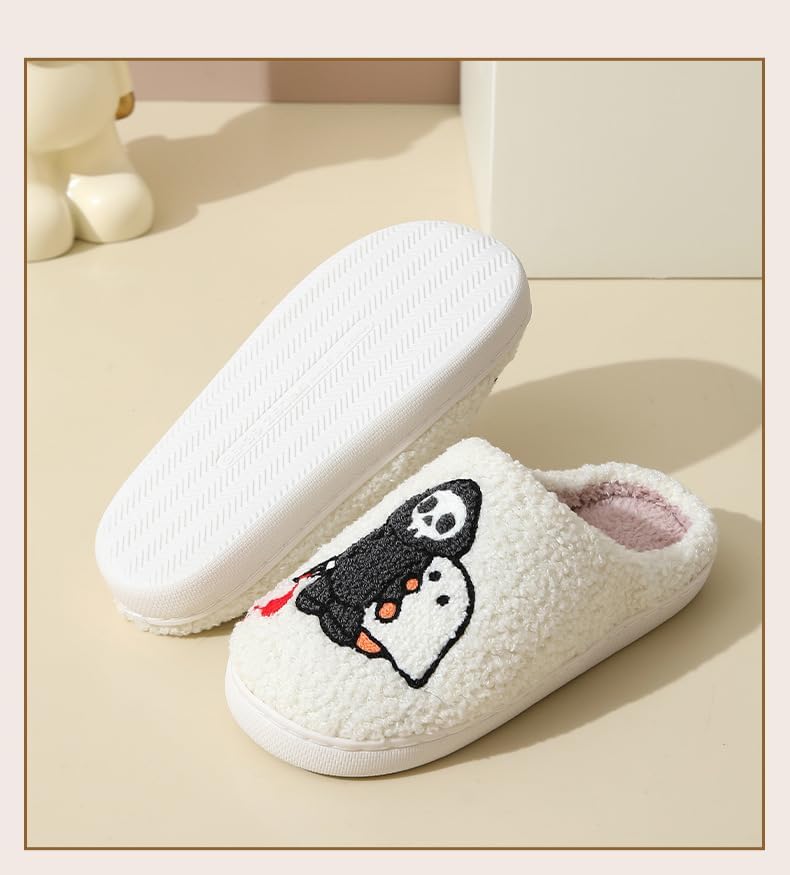Тапочки FSwinder для женщин и мужчин, Хэллоуин, мультяшный скелет-призрак, плюшевые, мягкие, с теплой меховой подкладкой, для дома, противоскользящие, зимние, Little Death — фото 4