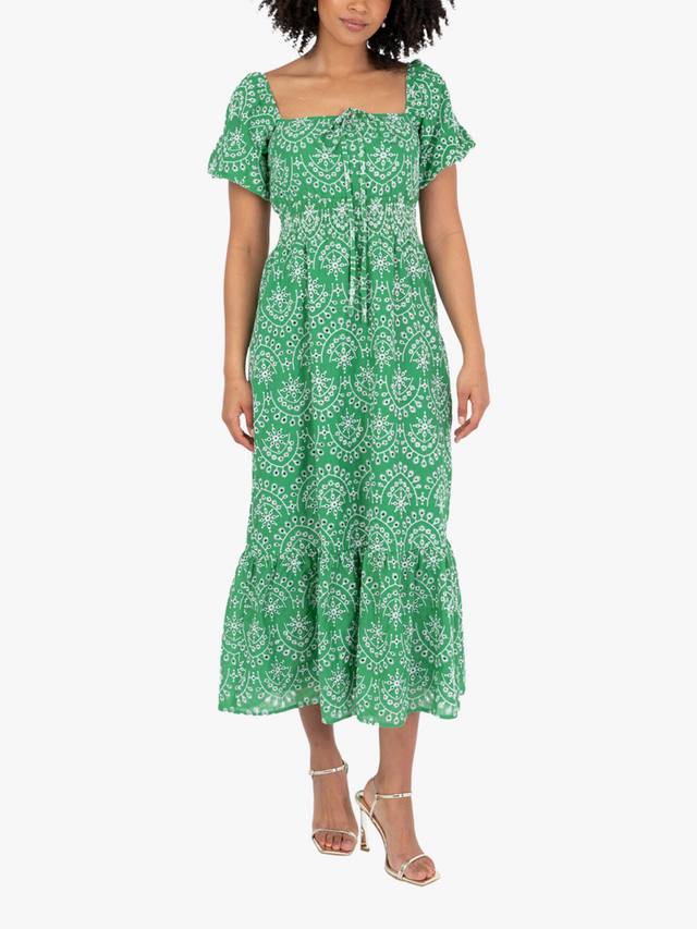 

Миди-платье из хлопка с короткими пышными рукавами и плиточным принтом Lovedrobe, Green/White