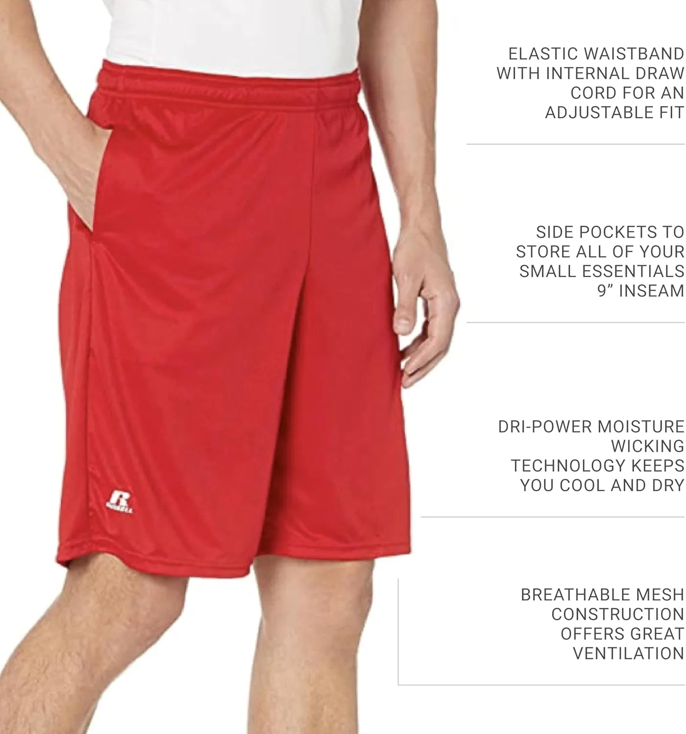 Мужские спортивные шорты Russell Athletics Dri Power Essential с карманом - одежда для тренировок и спортзала, True Red — фото 4