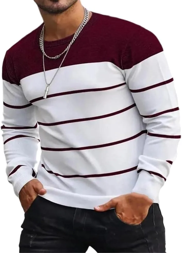 

Мужской полосатый свитер из хлопка с круглым вырезом, вязаный с длинными рукавами