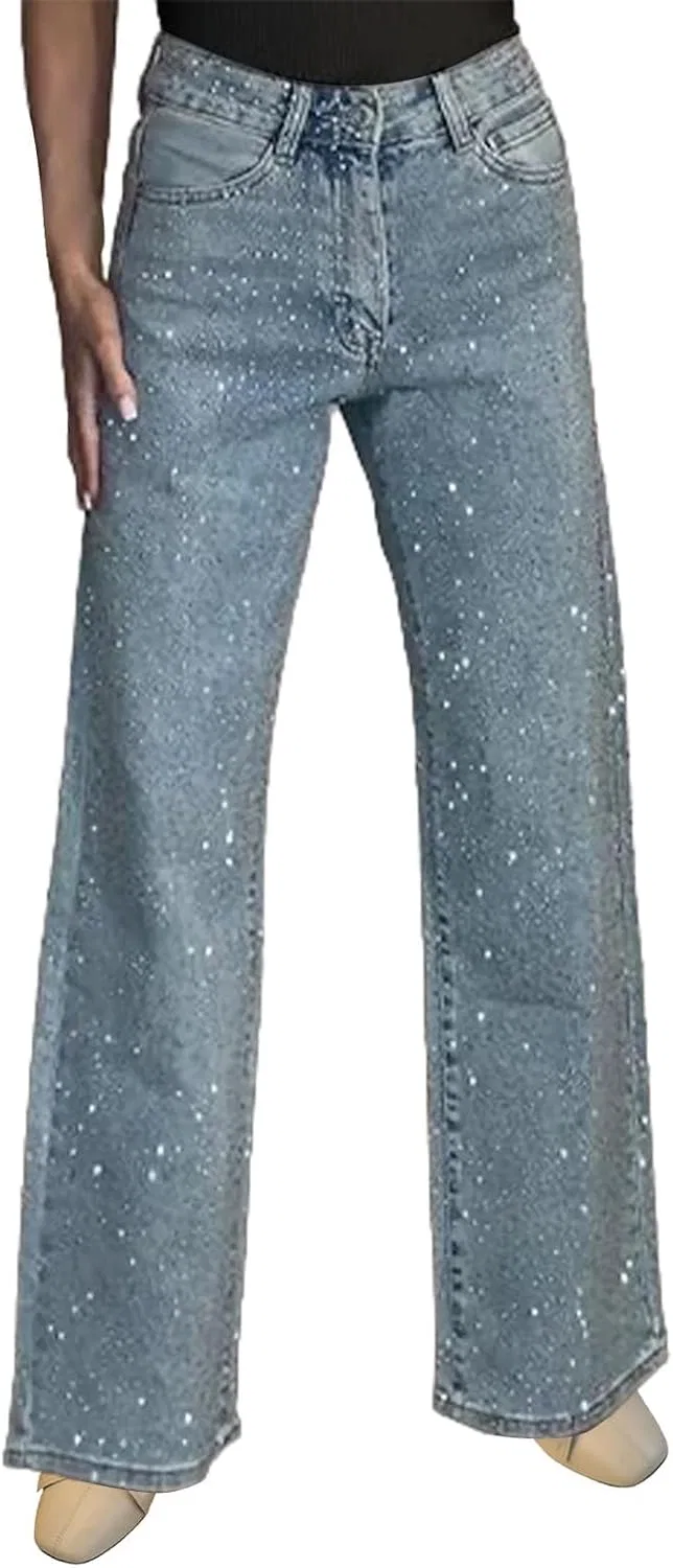 Джинсы блестящие, Womens Rhinestone Jeans Baggy Y2K High Waisted Straight Wide Leg Sparkly Bling Glitter Jeans Casual Denim Pants, Blue