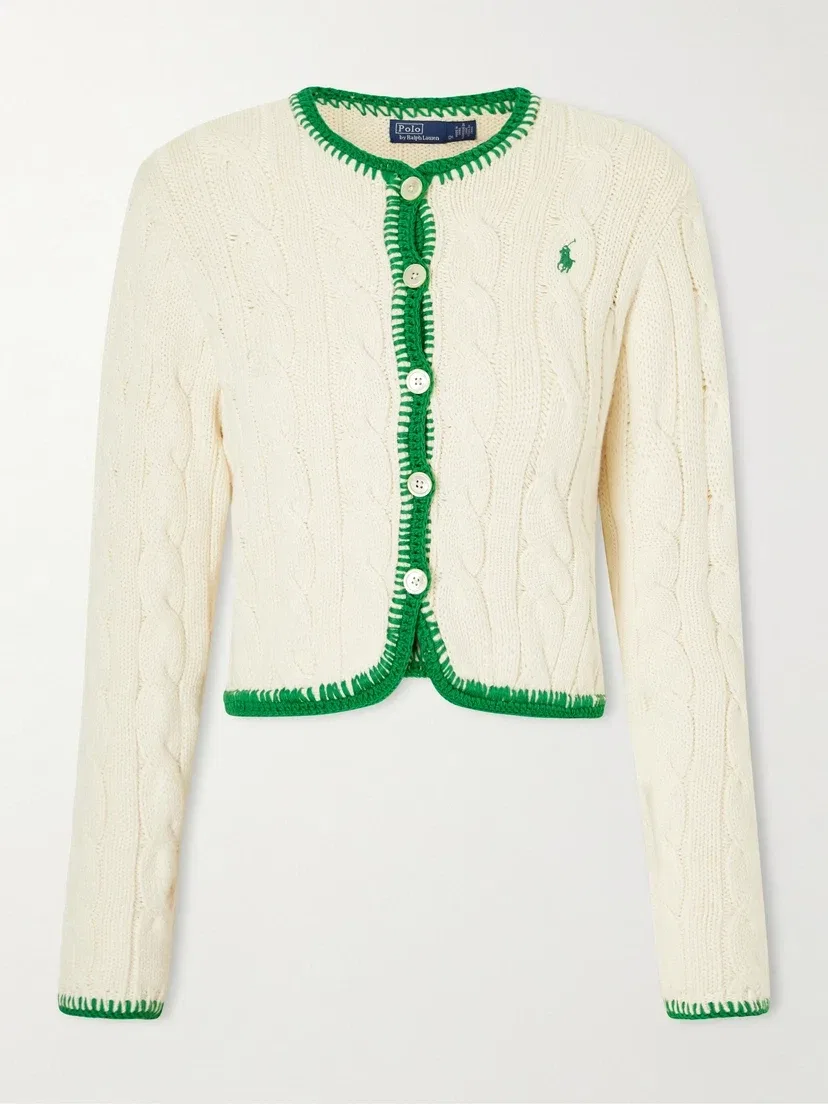 Кардиган из хлопковой смеси с кабельной вязкой и вышивкой POLO RALPH LAUREN, бежевый