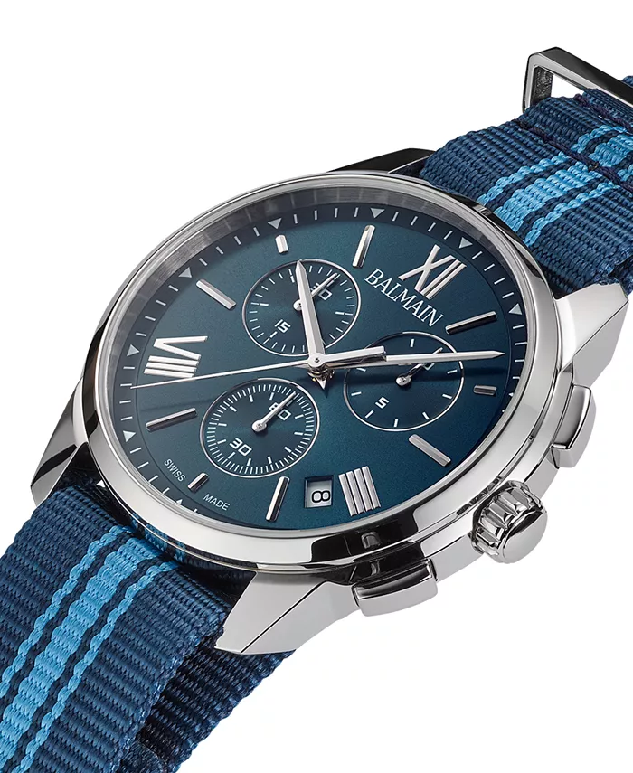 Мужские часы Swiss Chronograph Madrigal с темно-синим полосатым ремешком NATO, 42 мм Balmain — фото 2
