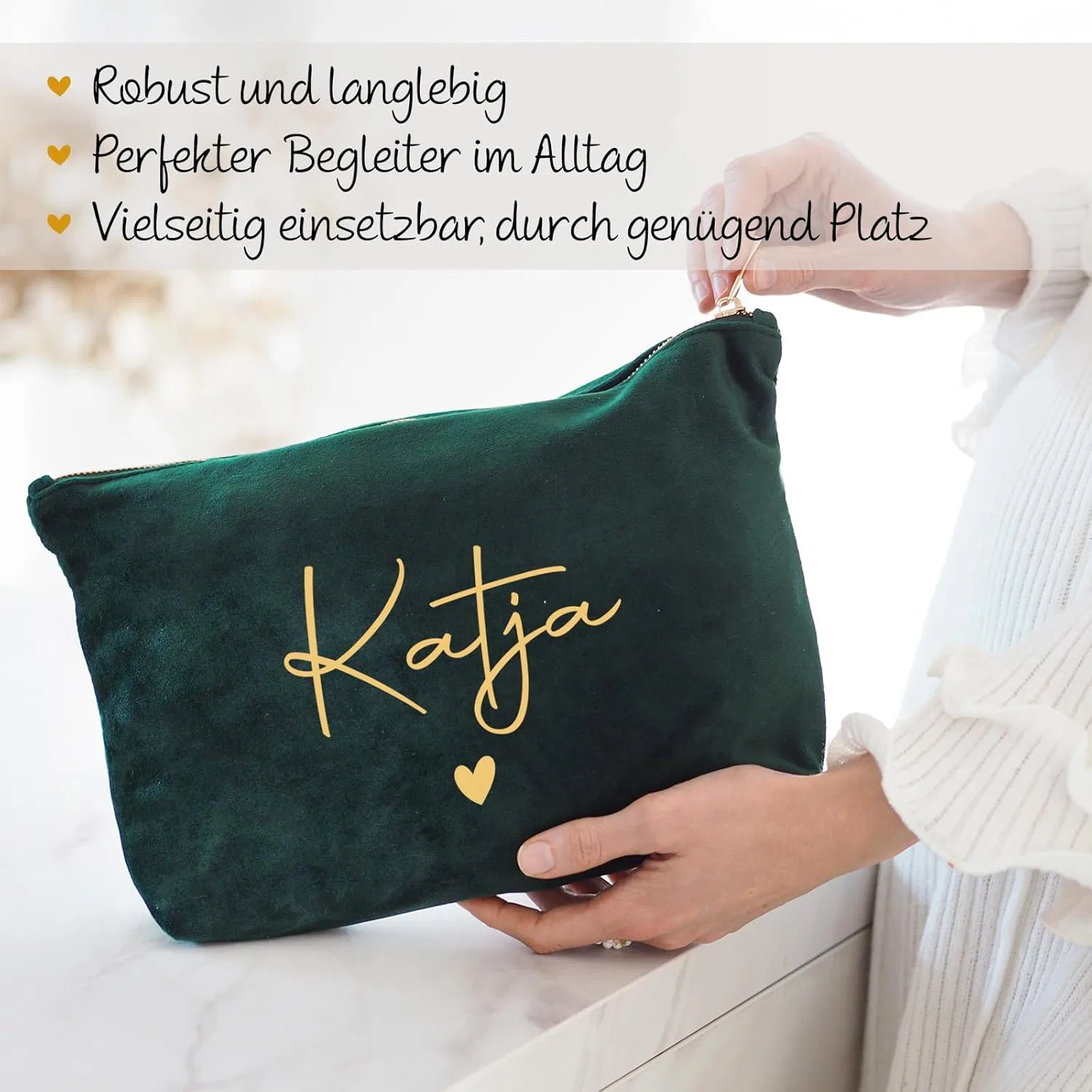 Персонализированная бархатная косметичка My Cosmetic Bag, темно-изумрудная Love Faith, Dark Emerald — фото 3