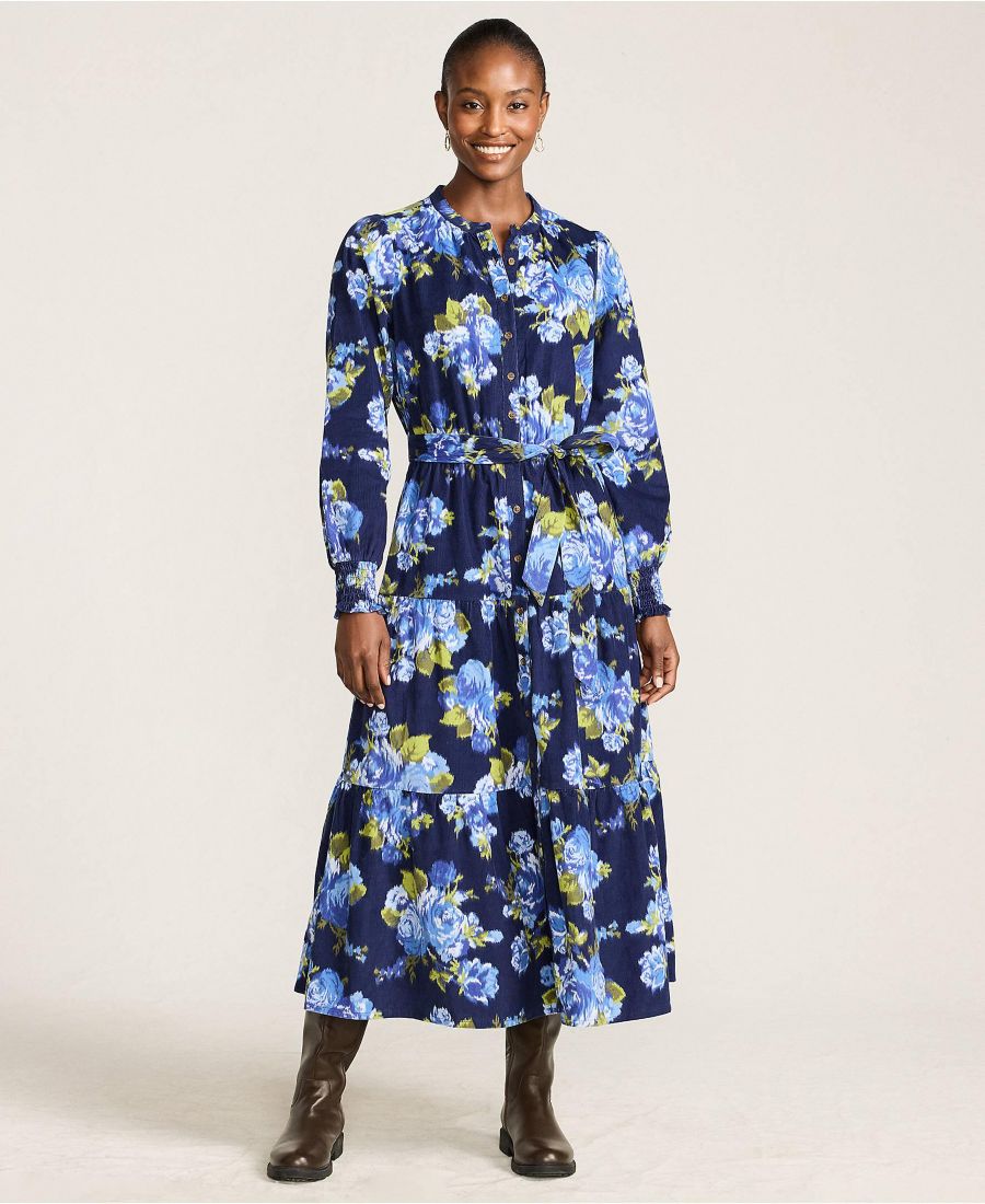 

Женское длинное платье с рукавами-колокольчиками и сборками из вельвета Lands' End, Deep sea/clear blue roses