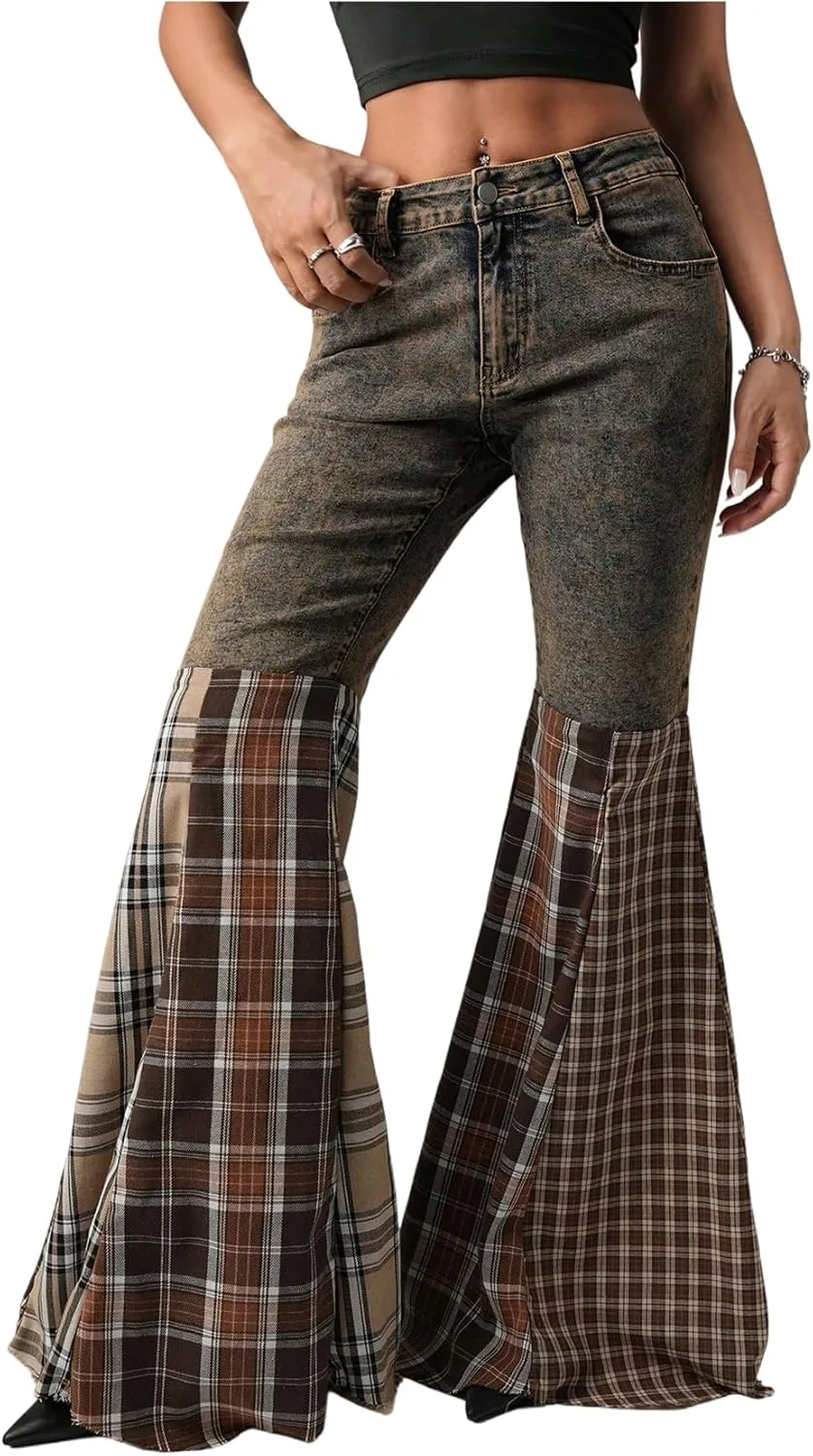 

MakeMeChic женские клетчатые джинсы bell bottom wide leg bootcut flare y2k vintage