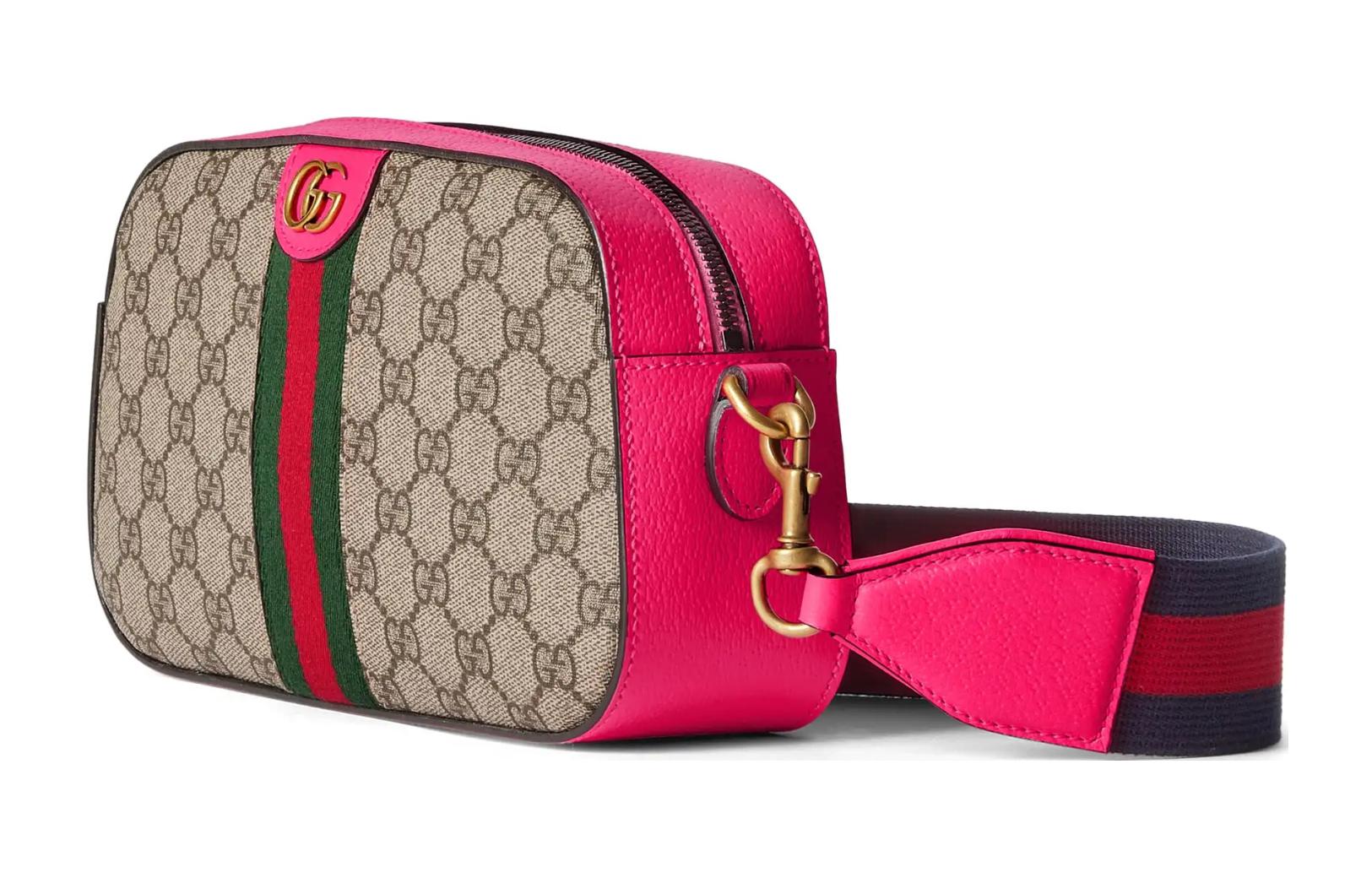 

GUCCI Сумка Ophidia Canvas With Leather через плечо, маленькая женская, бежевая, черная и розовая