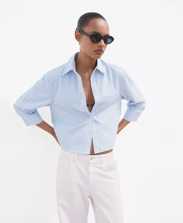 

Женская укороченная рубашка со стразами MANGO, синий