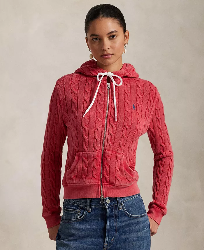 

Женский хлопковый худи с молнией и ажурной вязкой Polo Ralph Lauren, красный