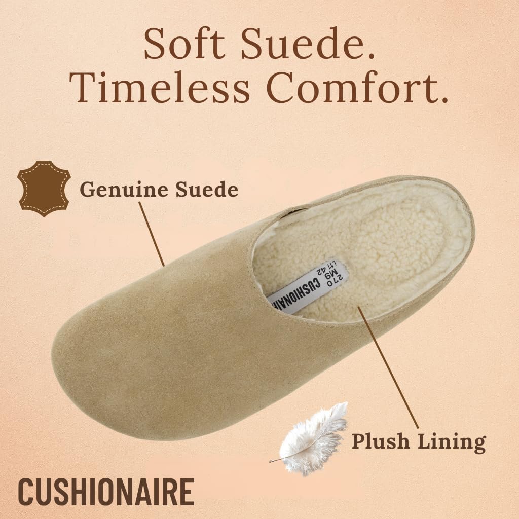 Мужские тапочки CUSHIONAIRE Heath из настоящей замши - уютные домашние сабо с искусственным мехом и ортопедической подошвой с эффектом памяти, для дома и улицы, Taupe — фото 4