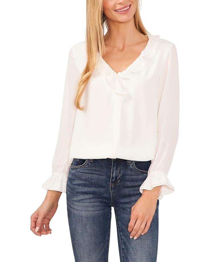 

Блуза CeCe Long Sleeve Ruffled V-Neck, белый