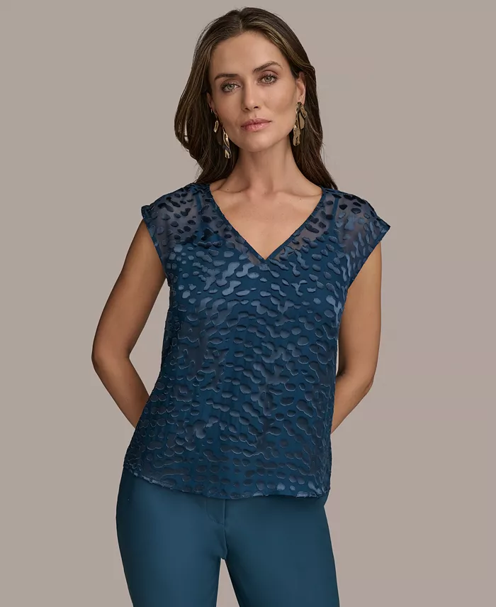 

Женская блуза с короткими рукавами из шифона с эффектом burnout Donna Karan New York, синий