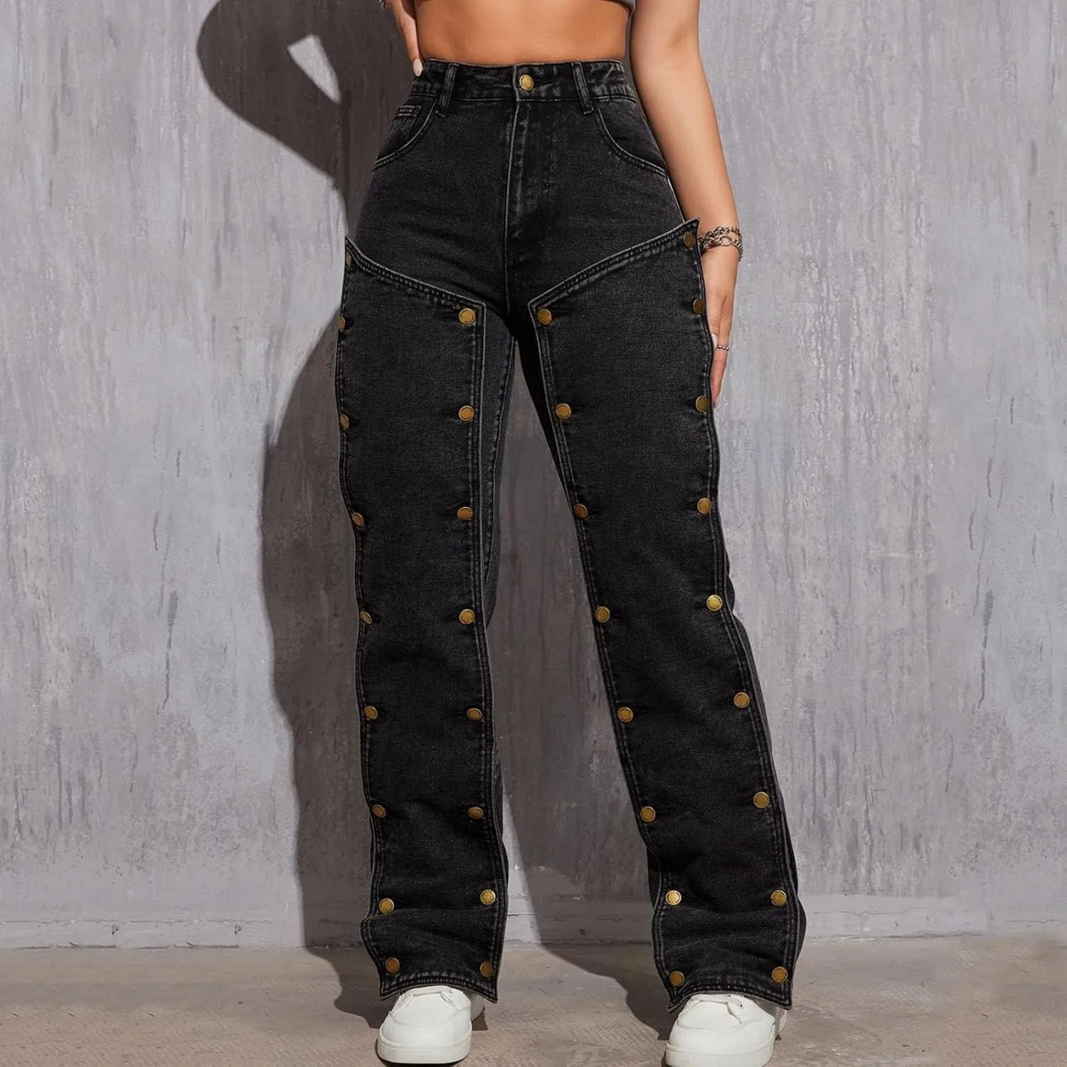 Женские джинсы high waisted straight wide leg с патчворком и съемными кнопками — фото 2
