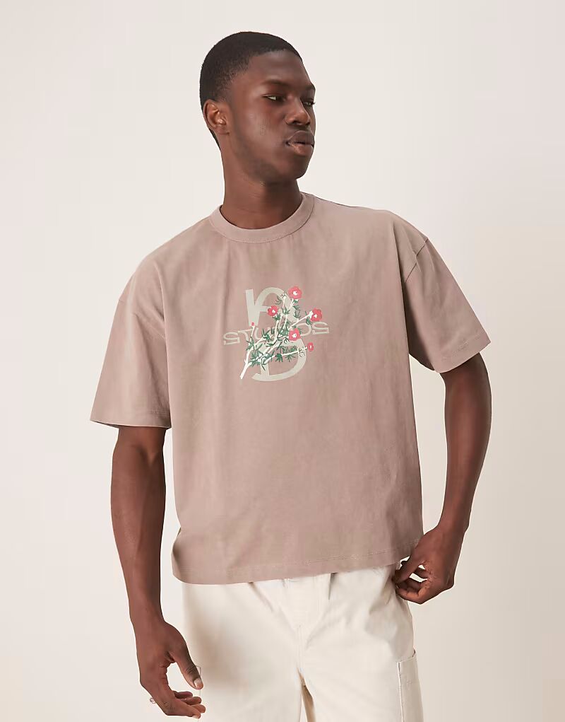 

Футболка свободного кроя ASOS DESIGN из плотной ткани плотностью 220 г/м² с эффектом потертости и цветочным текстовым графическим рисунком